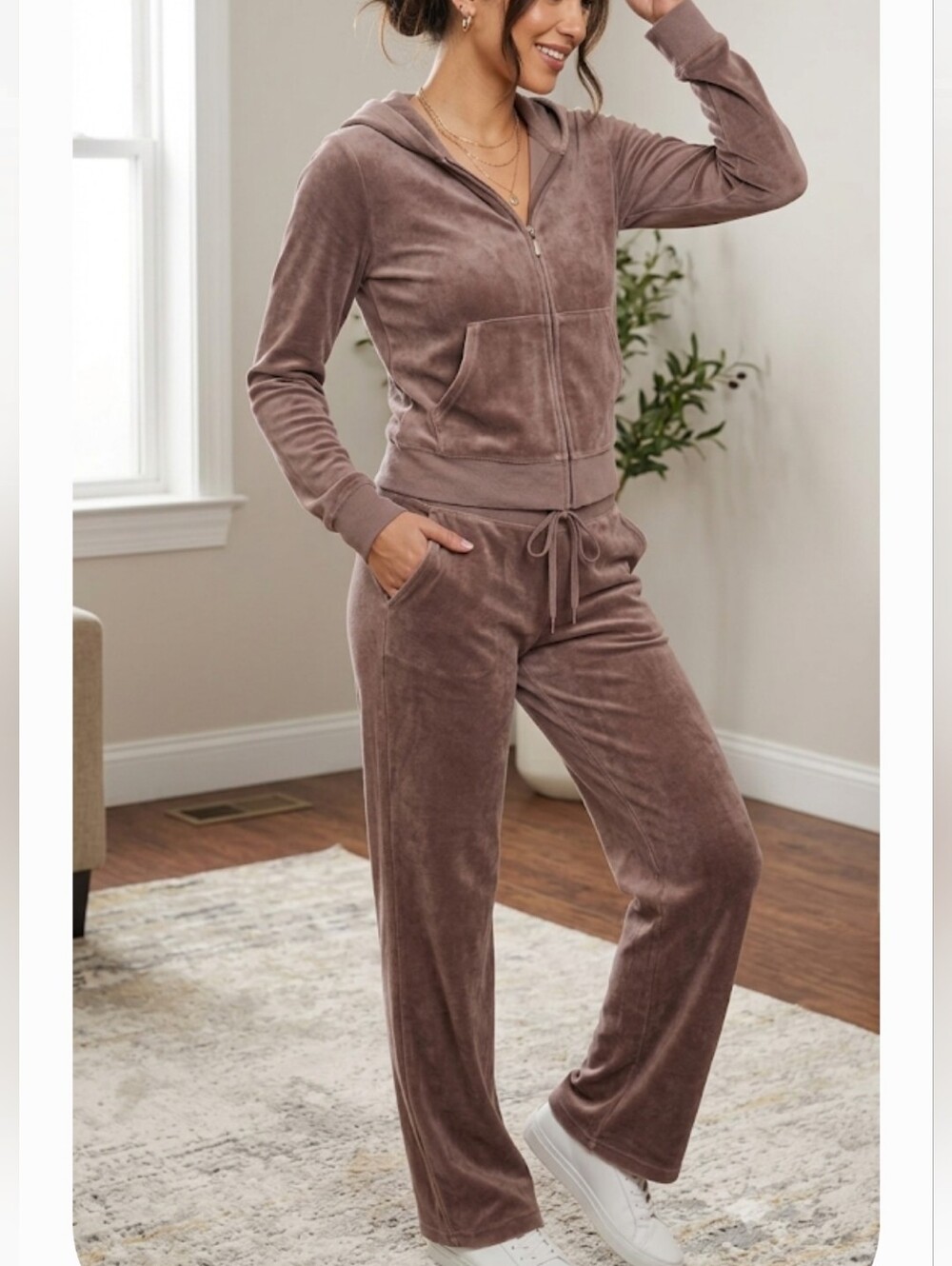Juicy Couture Dusty Pink Brown Zip-Up Hoodie Set SIZE L - Picture 1 of 14